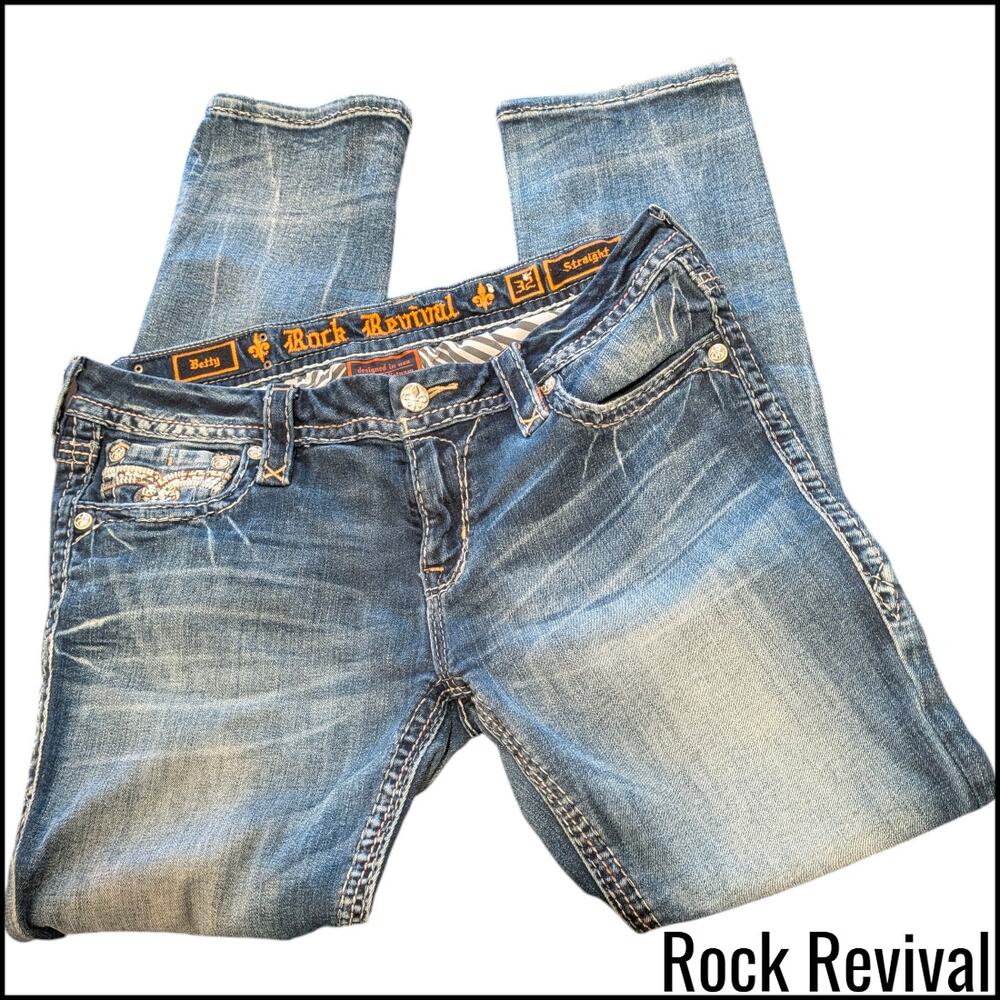 ROCK REVIVAL Betty Straight Leg Denim Jeans Women's 32 Y2K Fleur de Lis Pockets